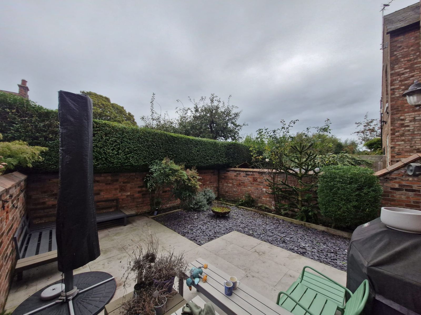 A walled courtyard garden with its tall hedge trimmed flat above the wall