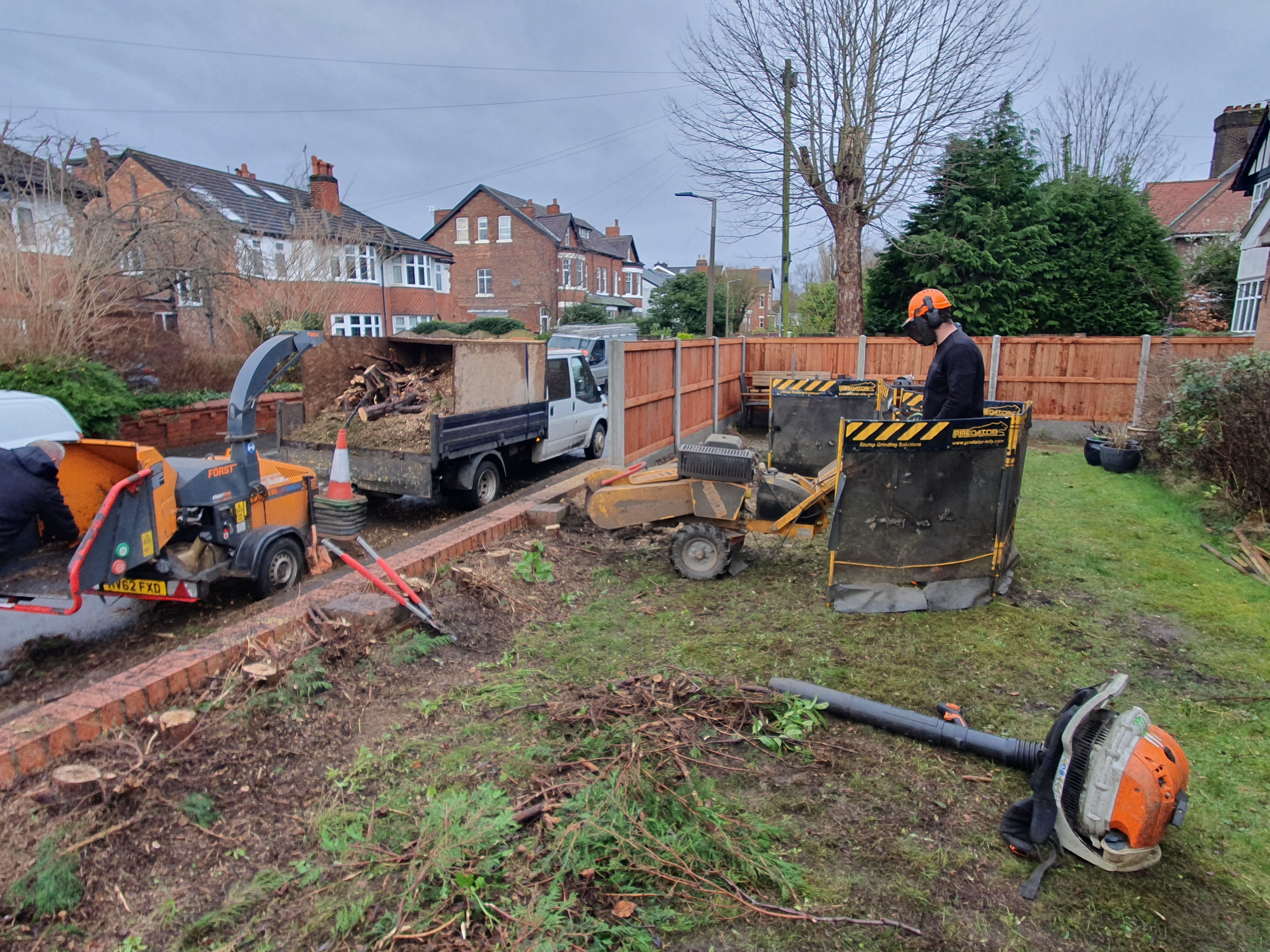 The Pine and Dandy team stump grinding and clearing a front garden in Cheshire